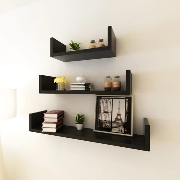 Chic Black Floating Wall Shelves Set of Three - Invisible Mount Storage Display