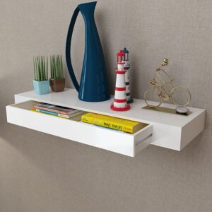 White Floating Wall Shelf with Drawer - Matte MDF Storage Display Organizer