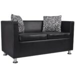 Chic Black Faux Leather Loveseat Comfy Padded Cushion Sofa with Pillows