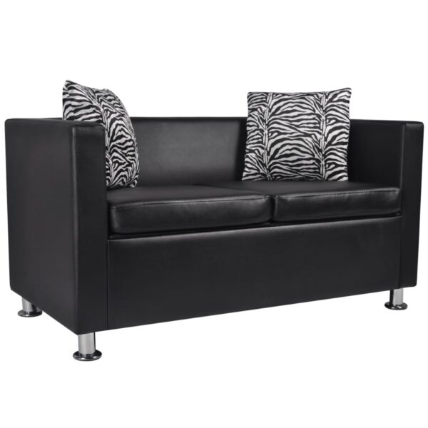 Chic Black Faux Leather Loveseat Comfy Padded Cushion Sofa with Pillows