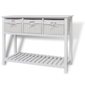 Elegant White Storage Sideboard with Woven Baskets and Slatted Shelf