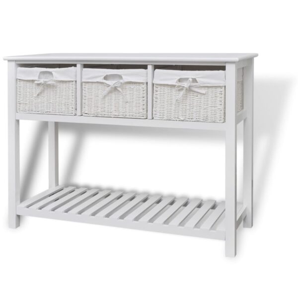 Elegant White Storage Sideboard with Woven Baskets and Slatted Shelf