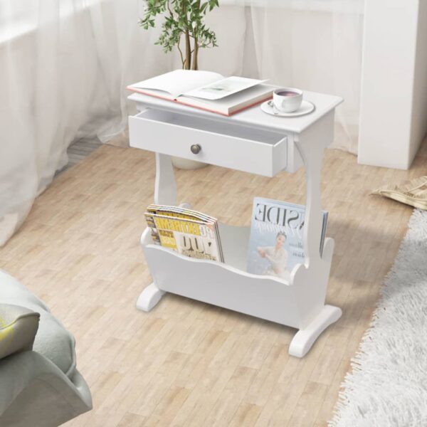 Elegant White Magazine Rack Side Table Night Stand with Spacious Storage Drawer