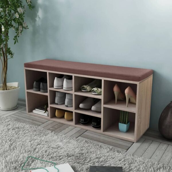 Stylish Oak Finish Shoe Storage Bench with Soft Padded Seat and Ample Space