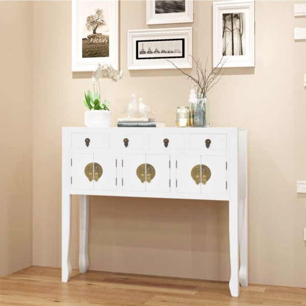 Solid Wood White Sideboard Asian  Storage Cabinet with Drawers & Cupboards