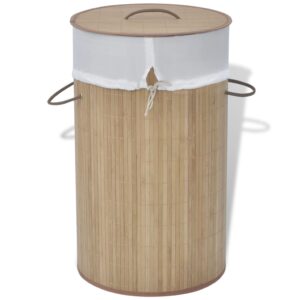 Bamboo Laundry Hamper Natural Round Woven Polyester Liner Portable With Handles