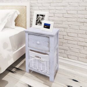 Chic White Wooden Bedside Cabinets Pair with Wicker Basket Storage Nightstands