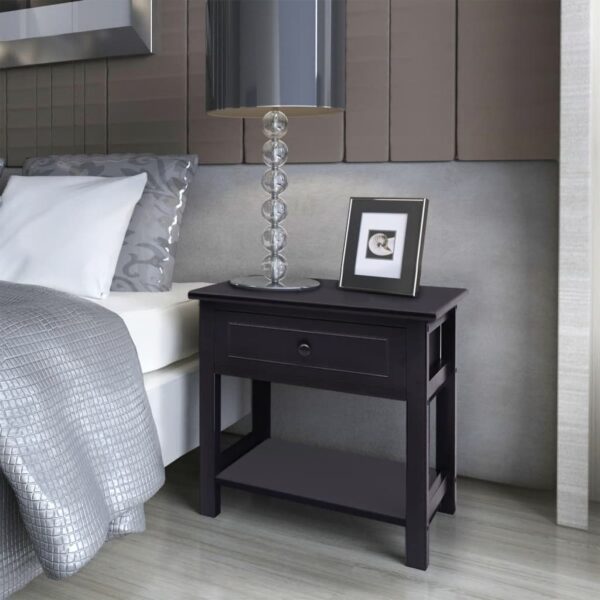 Chic Black Wood Bedside Nightstands Set of Two with Drawer and Shelf Storage