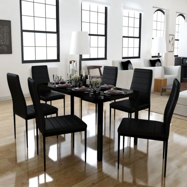 Modern Black Dining Table Set Tempered Glass Top Artificial Leather Chairs