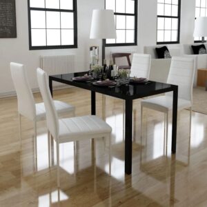 Modern Black White Dining Table Set Glass Top Padded Chairs Kitchen Furniture