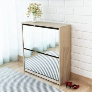 Stylish Oak Mirrored Shoe Cabinet Wall Mounted Storage Organizer with Drawers