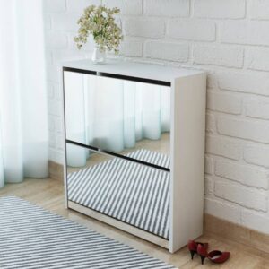 Stylish White Mirrored Shoe Cabinet Wall Mounted Storage Organizer with Drawers