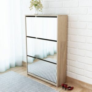 Stylish Oak Mirrored Shoe Cabinet Wall-Mounted Storage Organizer with 3 Drawers