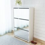 Stylish White Mirrored Shoe Cabinet with 3 Pull-Down Drawers Wall-Mounted Storage