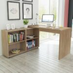 Modern Oak Finish Corner Desk L-Shaped with Bookcase Storage Home Office Study