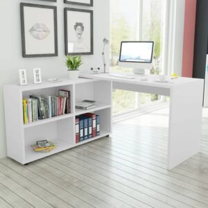 White L-Shaped Corner Desk Home Office Computer Table with 4 Storage Shelves