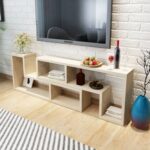 Modern Oak Finish TV Stand Versatile Double L-Shaped Shelving Media Console