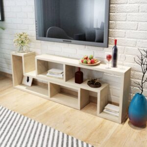 Modern Oak Finish TV Stand Versatile Double L-Shaped Shelving Media Console