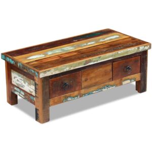 Vintage Solid Reclaimed Wood Coffee Table Handmade Polished Two Drawers Unique