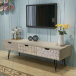 Chic Grey TV Stand Cabinet Retro  with 3 Storage Drawers for Living Room