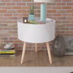 Chic White Round Side Table Detachable Serving Tray MDF Pine Wood Storage Space