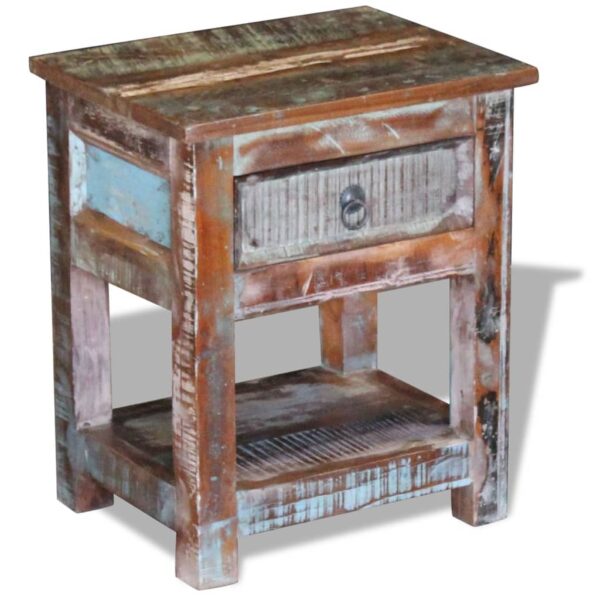 Retro Solid Reclaimed Wood Side Table Handmade Multicolour Drawer Nightstand