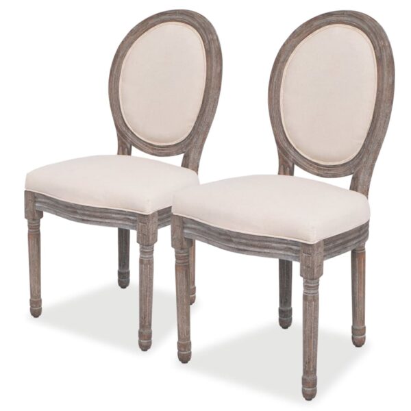 Elegant Cream Linen Upholstered Dining Chairs Set of Two with Wooden Legs