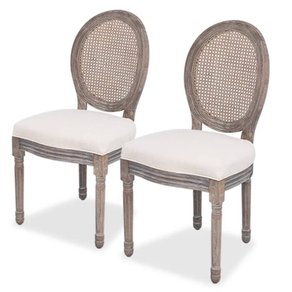 Elegant Cream Linen Upholstered Dining Chairs Set of Two with Rattan Backrest