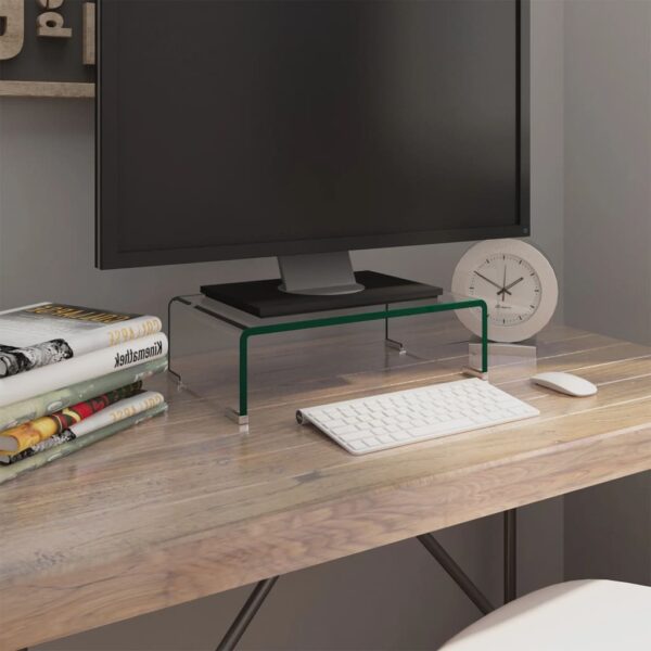 Modern Clear Glass TV Stand Monitor Riser Desktop Organizer Multimedia Shelf