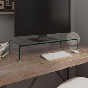 Modern Clear Glass TV Stand Monitor Riser Sleek Multimedia Desktop Shelf