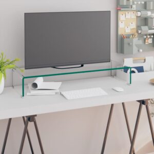 Modern Clear Glass TV Stand Monitor Riser Multimedia Desktop Organizer Shelf