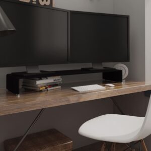 Modern Black Glass TV Stand Monitor Riser Streamlined Design Home Media Shelf