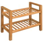 Solid Oak Wood Shoe Rack Organizer with Shelves Rustic Hallway Storage Brown