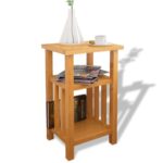 Solid Oak Wood Side Table with Magazine Shelf Elegant Compact Brown Finish