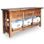 Rustic Charm Solid Reclaimed Wood Sideboard with Rattan Baskets Handmade