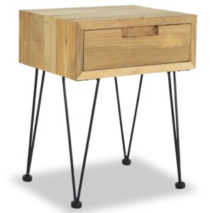 Solid Teak Wood Bedside Cabinet Rustic Nightstand with Drawer and Iron Legs