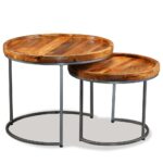 Vintage  Solid Mango Wood Side Tables Set Industrial Iron Legs Unique Finish