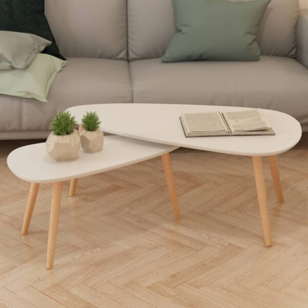 Scandinavian  Solid Pine Wood White Coffee Table Set Chic Living Room Decor