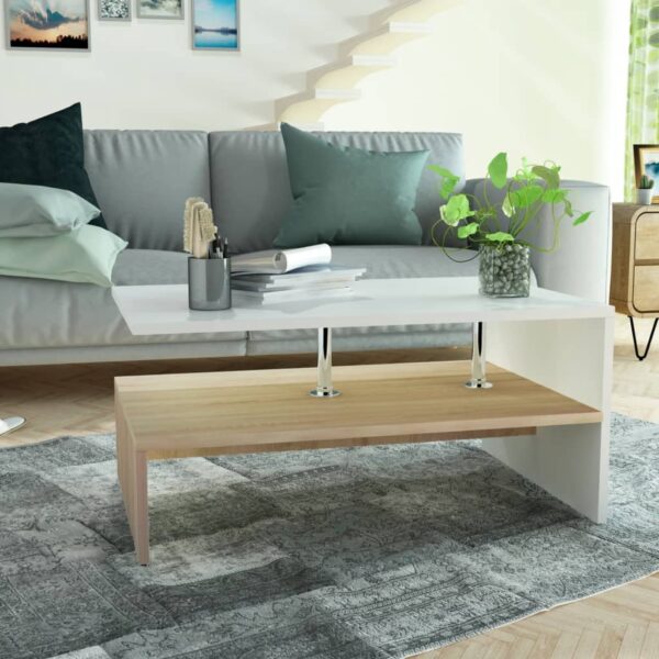 Modern Oak & White Engineered Wood Coffee Table with Storage Shelves