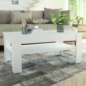 Modern Matte White Coffee Table with Storage Drawer and Shelf Durable Wood