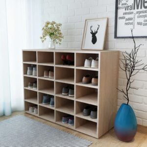 Oak Finish Engineered Wood Shoe Organizer Cabinet with 20 Compartments