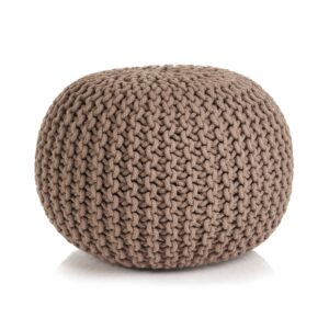 Hand-Knitted Cotton Pouffe Ottoman Footstool Round Cozy Home Decor Brown