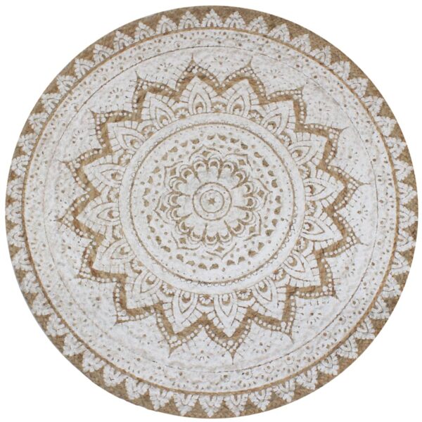 Handwoven Braided Jute Area Rug Round Natural White Mandala Print Reversible