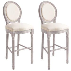 Vintage  Linen Upholstered Bar Stools Solid Wood Frame Cream White Set