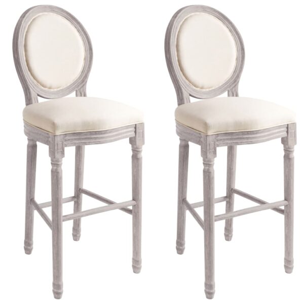 Vintage  Linen Upholstered Bar Stools Solid Wood Frame Cream White Set