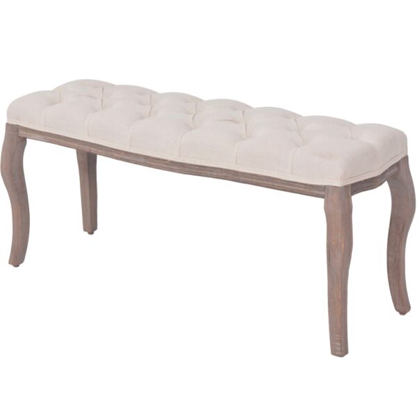 Elegant Cream White Linen Upholstered Bench Solid Wood Frame Cabriole Legs