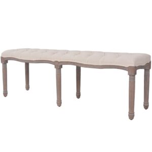 Elegant Cream White Linen Upholstered Bench Solid Wood Fluted Legs Comfort Seat