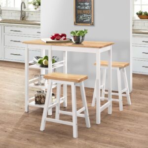 Elegant White Natural Wood Bar Table Set with Stools and Storage Shelves