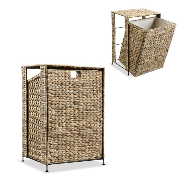 Water Hyacinth Woven Laundry Basket Sturdy Metal Frame Removable Liner Brown