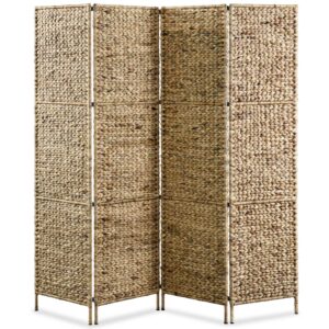 Elegant Woven Water Hyacinth Privacy Screen 4-Panel Metal Frame Room Divider